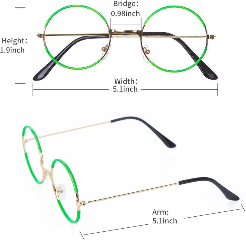 Fancheer Green Glasses with Blue Clip-on Earrings Round Metal No Lens Costume Accessories - Image 2